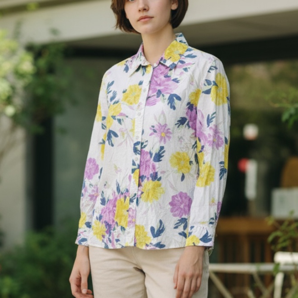 Talbots Floral Blouse with Yellow and Purple Accents Button Front XL petite